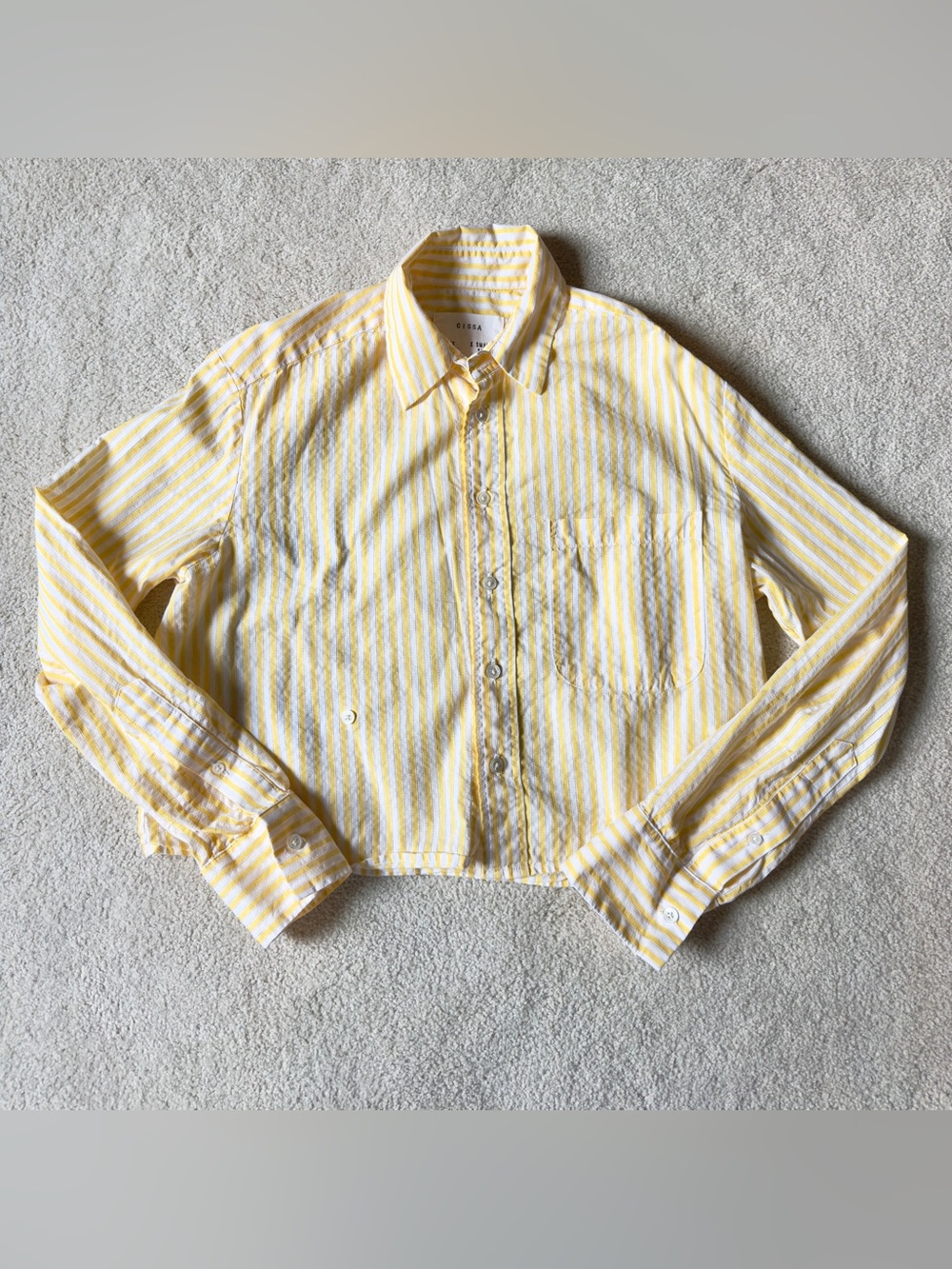CISSA Stripe Asymmetric Cotton Button-Up Shirt, yellow/white stripe, size XS